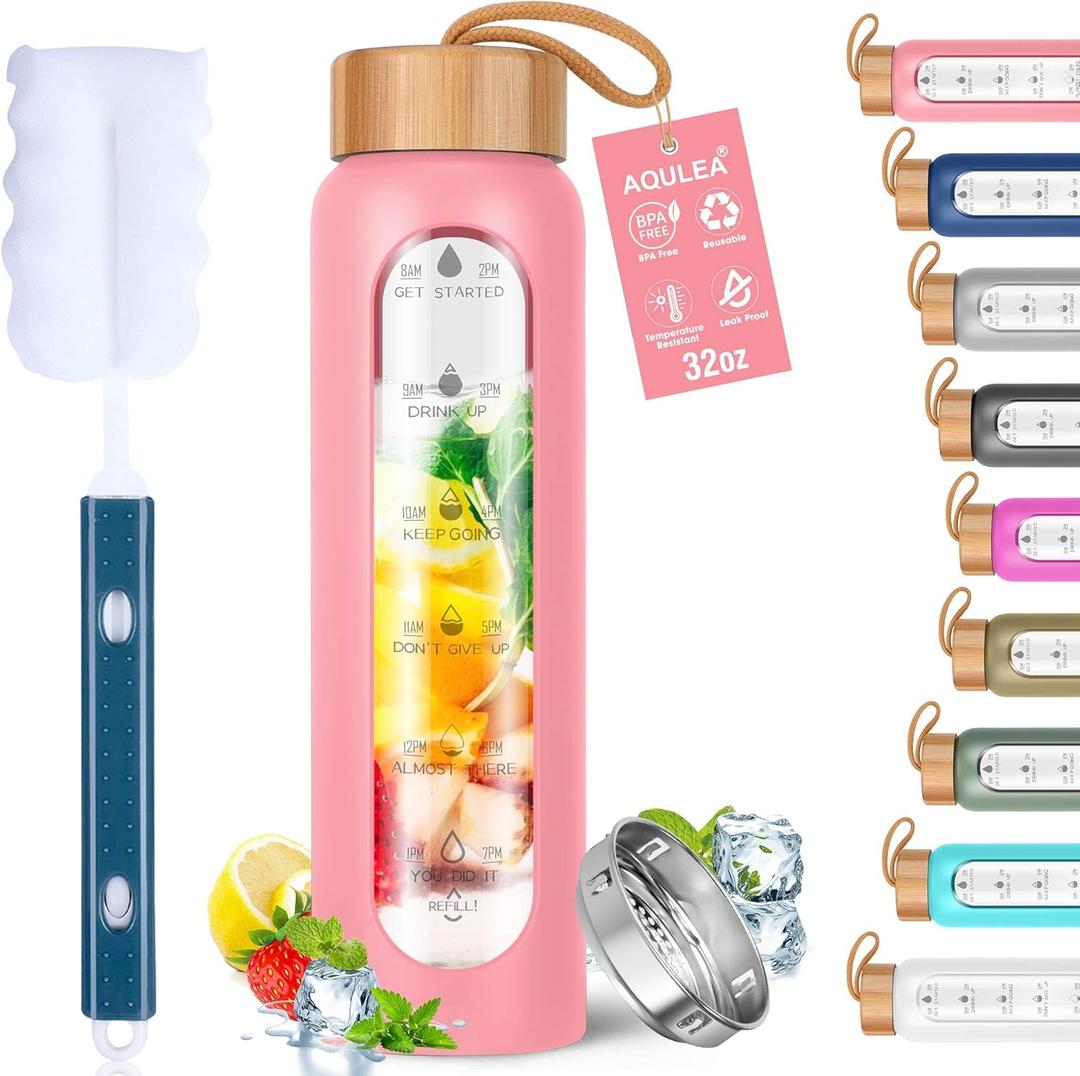 Aqulea Glass Water Bottles 32 Oz with Silicone Sleeve - BPA Free Reusable Wide Mouth Glass Motivational Water Bottles with Fruit Infuser  Leak Proof Borosilicate Water Bottle with Time Marker (Pink)