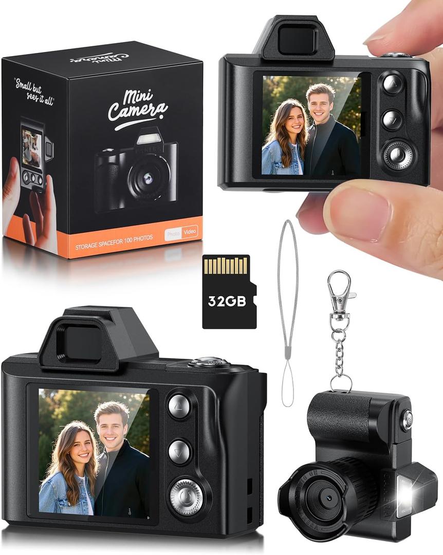 Mini Digital Camera, 1080P Portable Camera for Photography with 32GB SD Card, Key Card Clip Chain for Teenagers, Adult Beginners(Black)