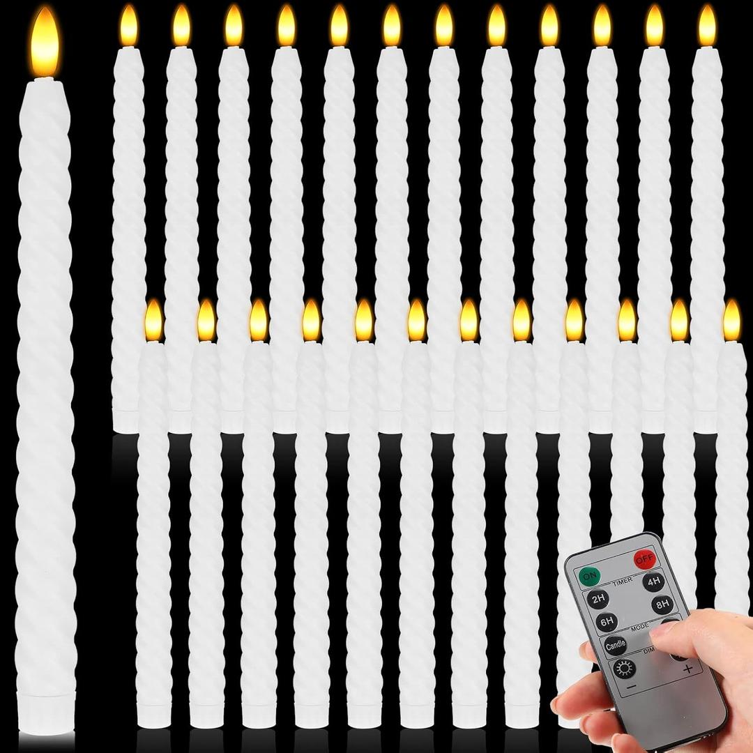 Kittmip 24 Pcs Christmas Flameless LED Taper Candles with Remote, Fake Candle Sticks Twisted Flickering Light, Electric Handheld Candlesticks for Church Wedding Party Decorations(White)