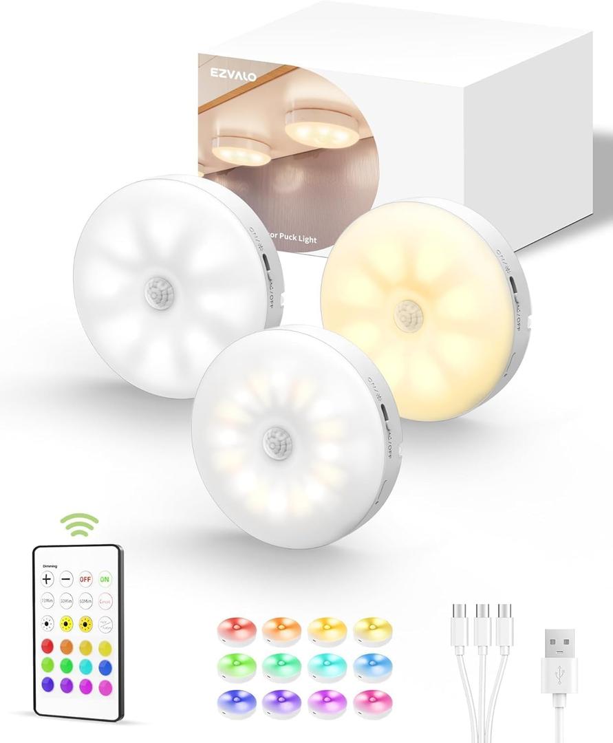 EZVALO Under Cabinet Lighting,1000mAh Rechargeable Puck Lights with Remote,3 Color Temps & 12 RGB Motion Sensor Closet Lights Indoor,Dimmable Under Cabinet Lights for Kitchen,Cabinets,Closet (3 Packs) (White)