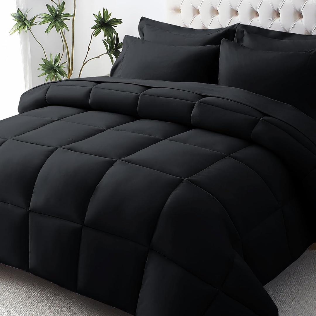 JOLLYVOGUE King Comforter Set, Ultra-Soft King Size Comforter Set, 7-Piece Bed in a Bag, Goose Down Alternative, Oeko-TEX Certified, Sheets & Pillowcases, Black