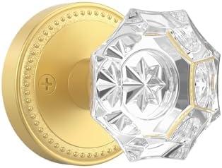 Asidrama 1 Pack Passage Gold Crystal Door Knob with Lock, Brush Gold Glass Door Knobs Interior for Bedroom or Bathroom, Heavy Duty Door Handle for Left Right Sided Doors