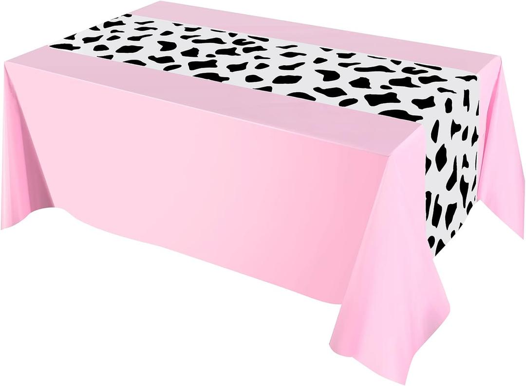 Oudain 4 Pcs Cow Tablecloth for Party Cowgirl Cow Table Runner Print Rectangular Birthday Party Inspired Decorations Supplies (Pink)