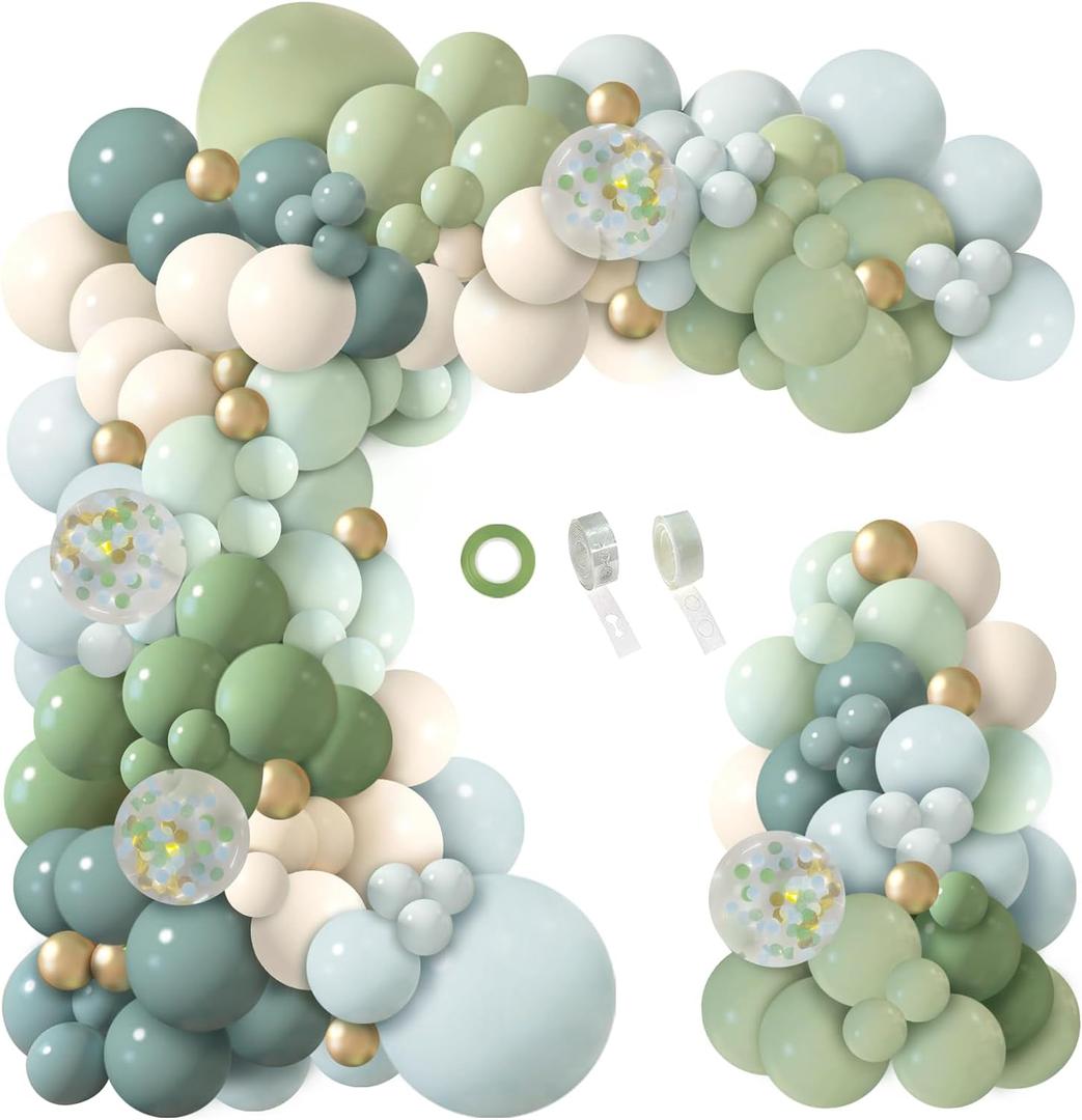 150Pcs Dusty Blue Green Balloon Garland Arch Kit, Ash Mist Green Haze Fog Blue Sand White Gold Balloons for Baby Shower Jungle Safari Woodland Wild One Bridal Birthday Party Decorations