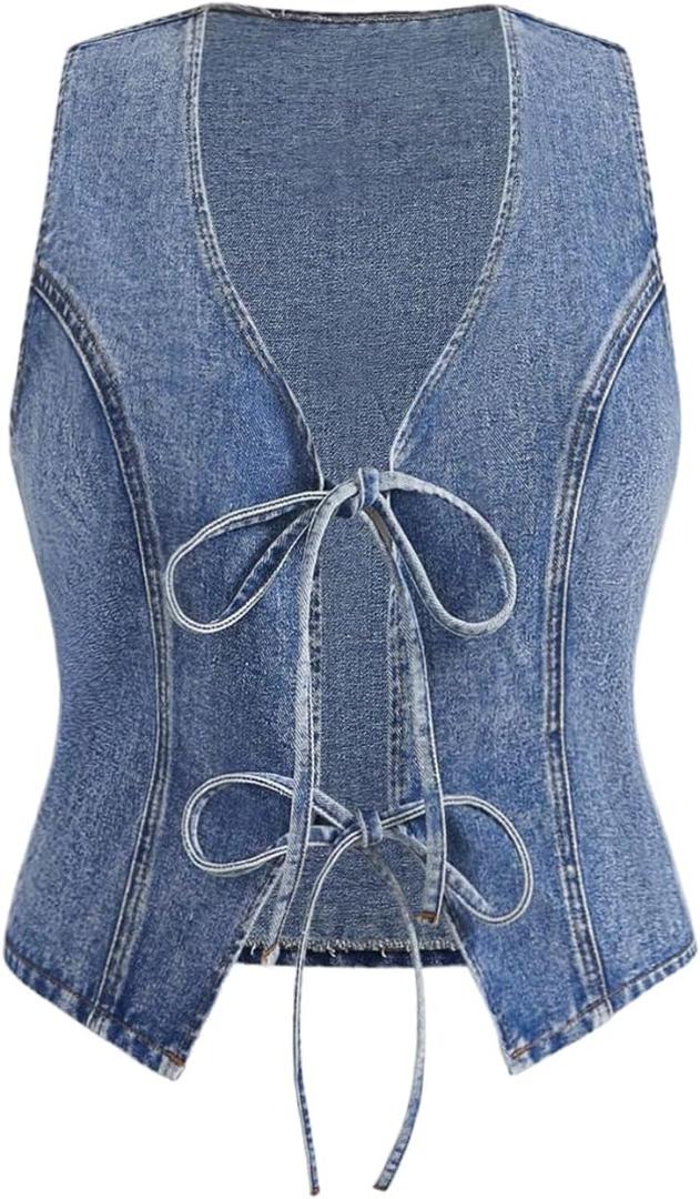 WDIRARA Women's Plus Size Bow Tie Front Denim Vest Jacket Western Sleeveless Jean Outerwear  4X-Large Plus
