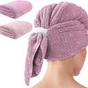2 Pack Extra Large Microfiber Hair Towel, 37.4" x 26.4" Towel Wrap for Women, Super Absorbent & Quick Drying Hair Towel with Elastic Strap for Curly Long Hair (Pink)