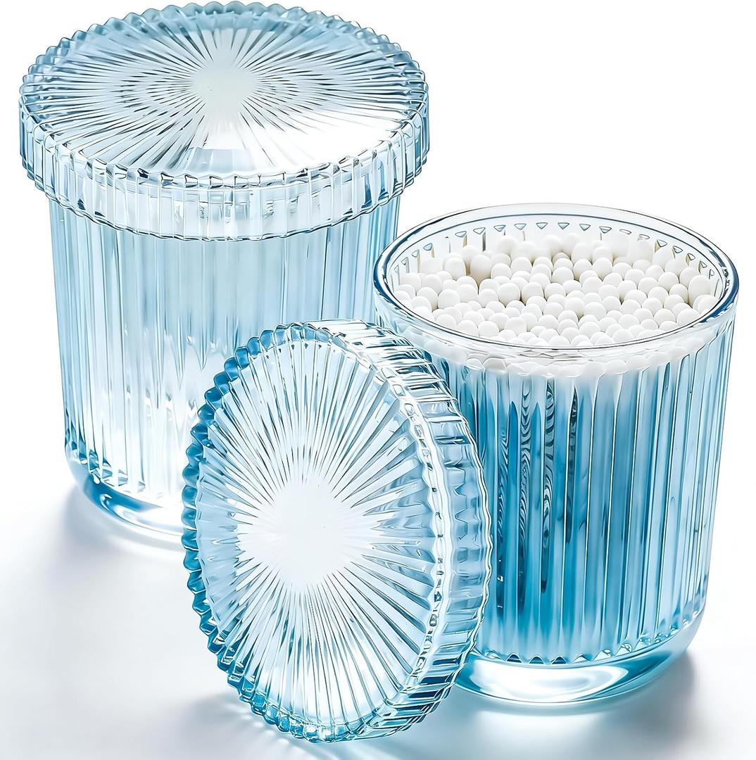 2 x Glass Qtip Dispenser 2 Pack, Clear Bathroom Storage Organizer for Cotton Swabs, Balls, Pads & Floss Picks, Vanity Makeup Essential Accessories (Blue)