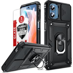 LeYi for Moto G Play 2024 Case, G Play 2024 Case with Slide Camera Cover and Screen Protector, [Military-Grade] Android Cellphone Case Cover with Magnetic Ring Kickstand MotoG Play 2024, Black