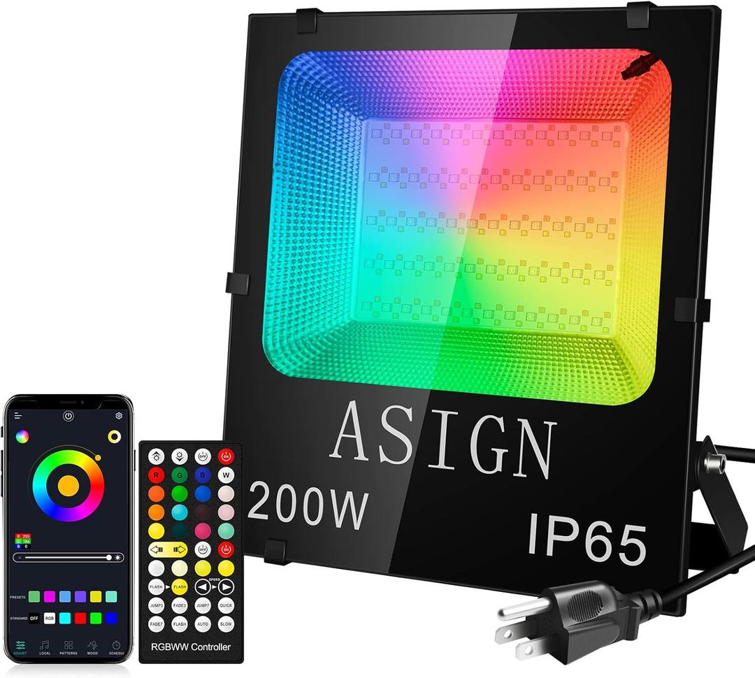 ASIGN 200W Bluetooth Control RGB LED Floodlight Outdoor&Indoor Waterproof Color Changing Floodlight Wall Washer Light for Home Decor Outdoor Featival Decoration