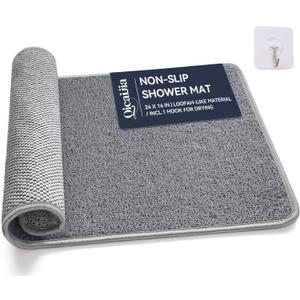 Non Slip Shower Mat Bathtub Mat 16x24 Inch, Quick Dry Bath Mat with Drain, Soft PVC Imitation Loofah Foot Scrubber Bath Mats for Bathroom Tub Shower Floor, Hangable & Hook Included, Gray