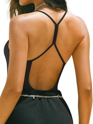 REORIA Women's Sexy Scoop Neck Backless Bodysuits Open T-Back Cami Sleeveless Bodysuit Tank Top Trendy, Size: L REORIA Women's Sexy Scoop Neck Backless Bodysuits Open T-Back Cami Sleeveless Bodysuit Tank Top Trendy, Size: L
