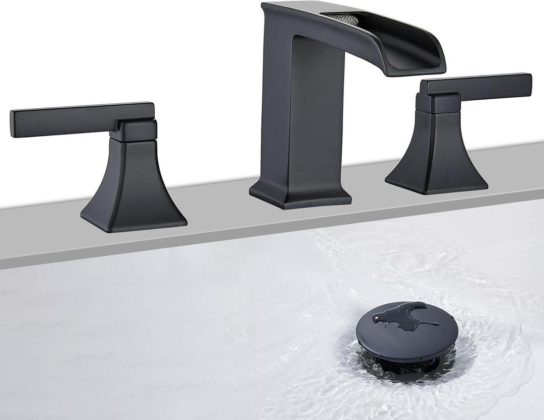 Black Waterfall Bathroom Faucet 3 Hole, Sanliv 8 or 4 Inch Widespread Bathroom Sink Faucets, Modern Vanity Faucet 3 Holes with Pop Up Drain and Supply Lines, Matte Black
