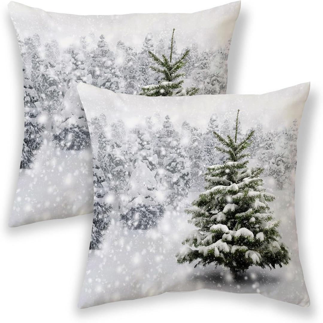 AGAYNA Winter Pillow Covers 18x18 White Snowflake Tree Decor Throw Pillows Case for Couch Christmas Indoor Outdoor Decorative Cushion Cases for Sofa Bed Decorations Set of 2