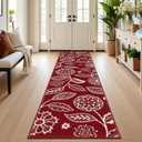 2x8 Washable Christmas Runner Rug with Non Slip Backing, Absorbent & Dirt-Trapping, Red and White High-Low Textured Floral Hallway Carpet for Kitchens, Laundry Rooms, Bathrooms, Entryways