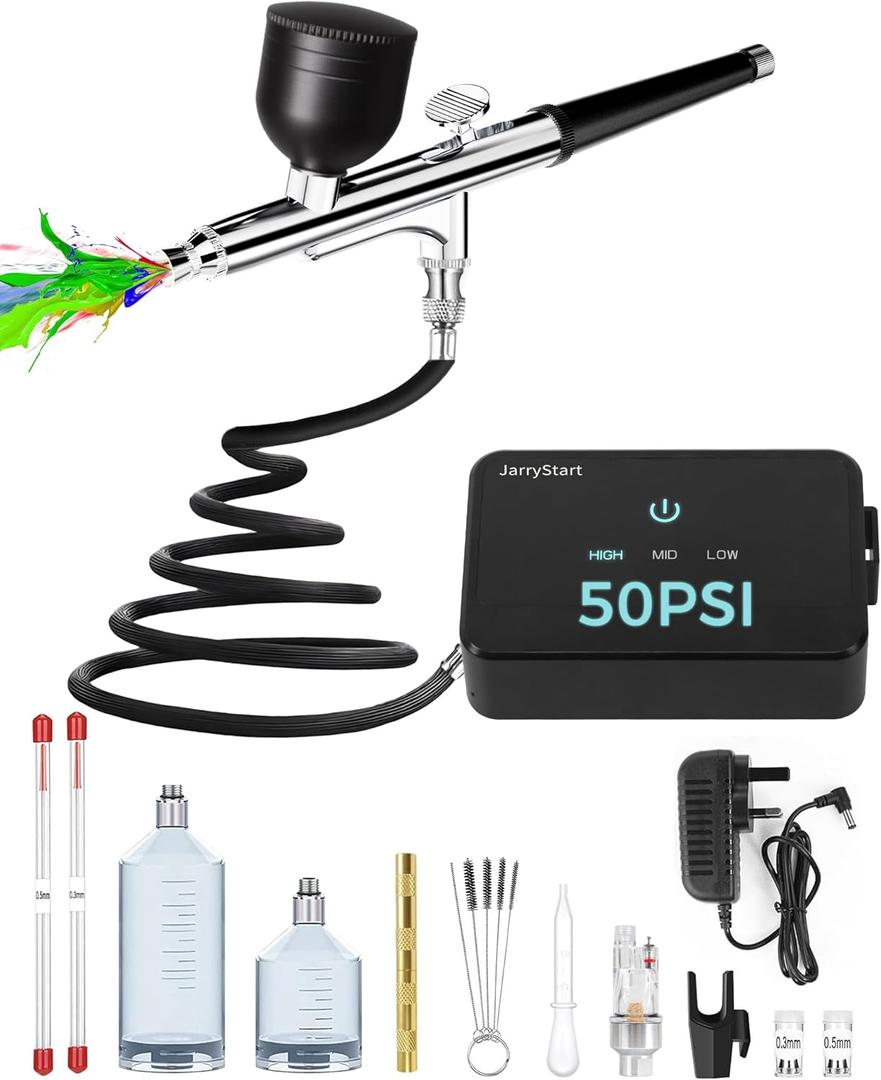 Airbrush Kit with Air Compressor, Intuitive 50 PSI High Pressure Air Brush with 0.2/0.3/0.5mm Nozzles & Cleaning Sets, Perfect for Modeling, Painting, Nails, Makeup, Cake Decorating