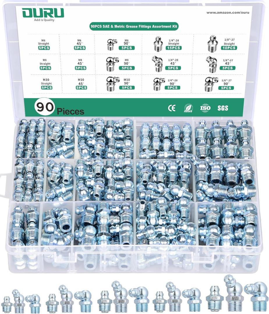 90PCS SAE & Metric Grease Fittings Assortment, Zerk Grease Fittings Kit NPT 1/4" 1/8" M6 M8 M10 Straight 45 90 Degree Grease Gun Fittings
