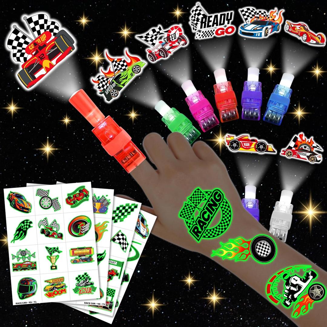 72 PCS Race Car Party Favors  48 PCS Tattoos & 24 PCS LED Finger Lights Combo  Birthday Goodie Bag Fillers, Party Supplies, Gifts Light Up Toys Glow In The Dark for Boys and Girls
