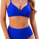 ZAFUL Women High Waisted Bikini Sets Two Piece Swimsuit Push Up Twist Front Ruched Bathing Suit (Large, Royal Blue)