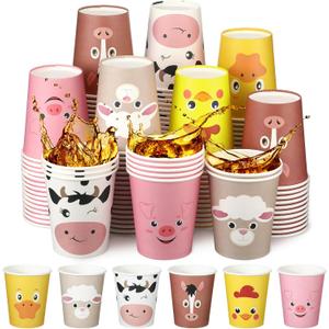 Maxcheck 120 Count Farm Animal Birthday Decoration Cups 9 oz Disposable Paper Cups Cute Drink Pig Sheep Chicken Duck Horse Cow Farm Theme Birthday Party Supplies