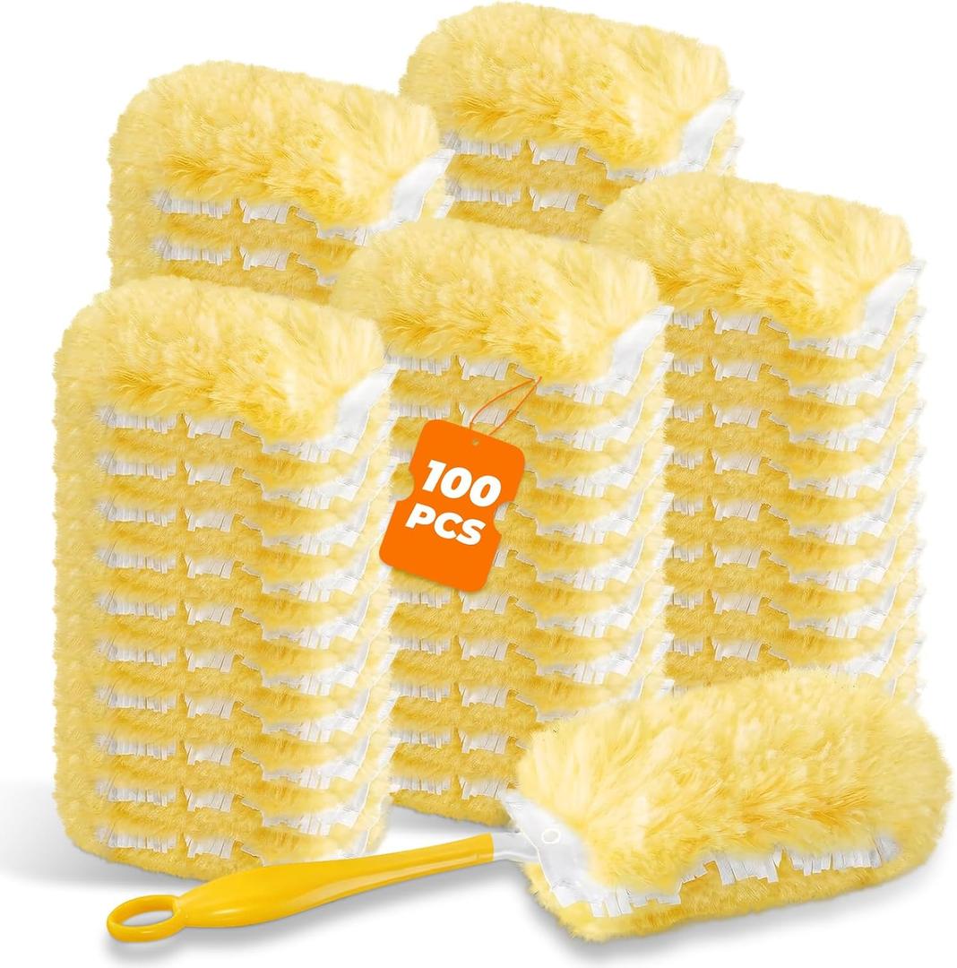 Duster Refills Compatible with Swiffer Duster Handles, 100 Count, 1 Handle | Heavy Duty Fluffy Microfiber,Disposable Dusting Pads for Cleaning Blinds, Fans, Furniture, Shelves, Unscented,Yellow