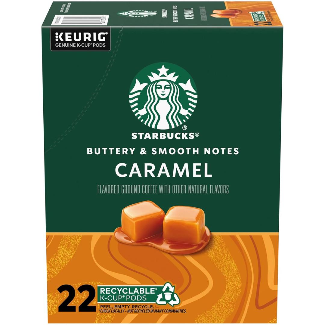 Starbucks K-Cup Coffee Pods, Caramel Naturally Flavored Coffee For Keurig Brewers, 100% Arabica, 1 Box (22 Pods) (EXP 12/05/26)