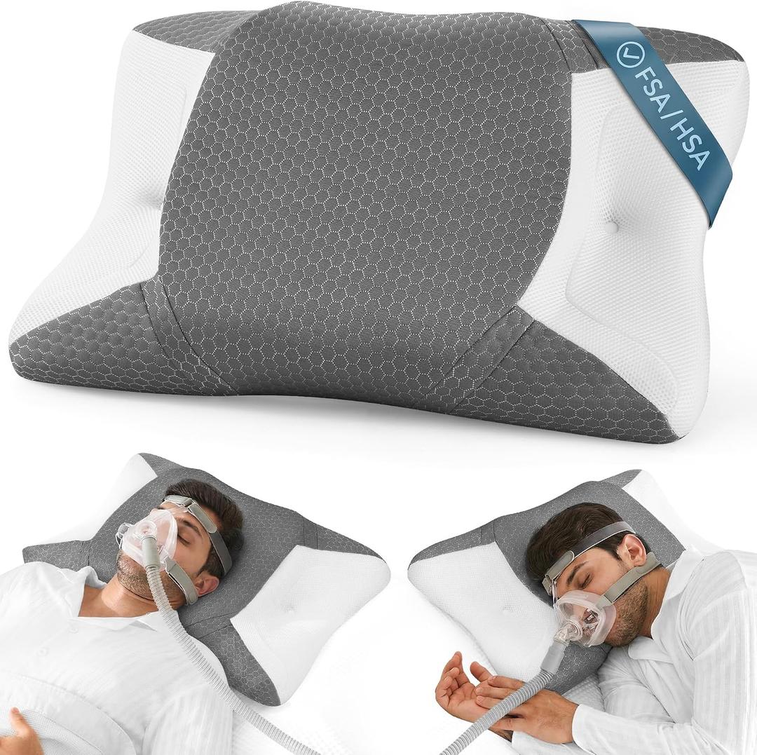 Elviros CPAP Pillow for Side Sleeping, HSA/FSA Sleep Apnea Memory Foam Pillow for All CPAP Masks Users to Reduce Air Leaks & Masks Pressure, Adjustable Height with Cooling Breathable Cover