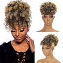 Afro Puff Drawstring Ponytail with Bangs, Kinky Curly Ponytail Bun with Bangs Updo Hairpieces, Short Afro Puffs with Bang for Black Women