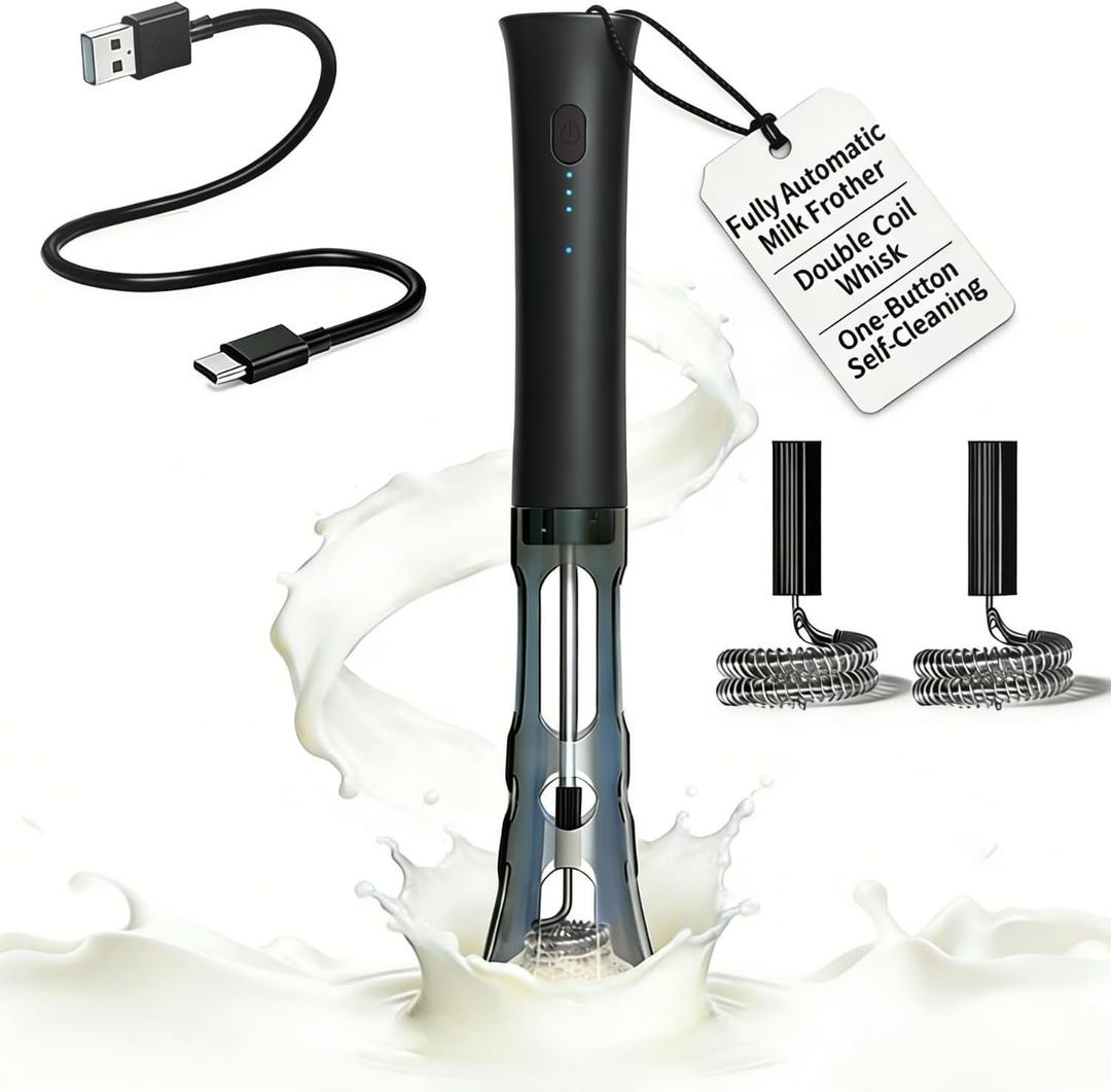 Milk Frother Handheld Rechargeable, Low Noise Electric Coffee Frother Wand with Stand, Stainless Steel Shaft, Anti-Accidental Start, 2 Double Coil Whisks, Kitchen Gifts