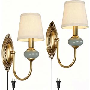 Vintage Plug in Wall Sconces Set of 2, LED Wall Light Fixtures with 9.8FT Plug-in Cord & Green Ceramic Decor, Indoor Corded Wall Lamp for Bedroom, Living Room, Hallway (Gold)