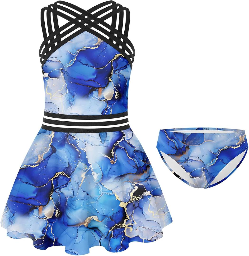 ADUKIDE 9-18T Girls Two Piece Tankini Swimsuits Teens Criss Cross Straps Bathing Suit Flowy Swimdress with Bottom, 11-12Y