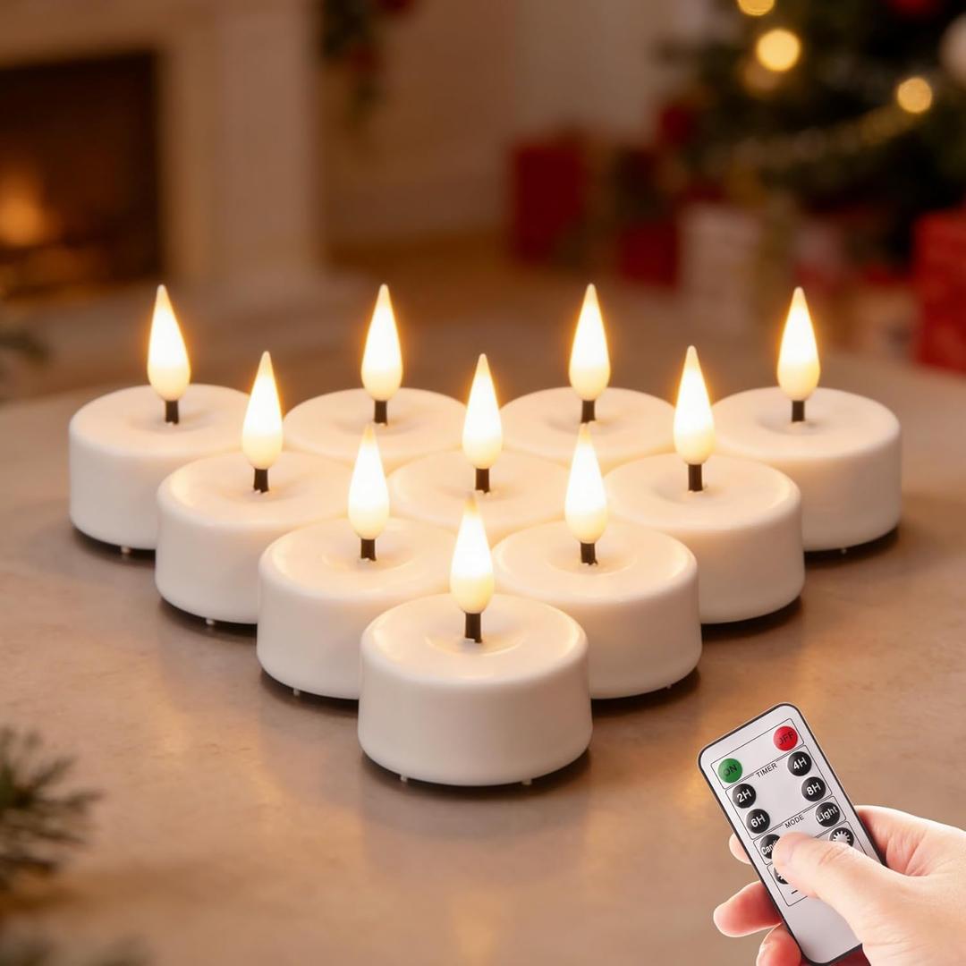 White Flameless Wax Tealights with Remote Batteries, Flickering LED Votive Candles Set of 10