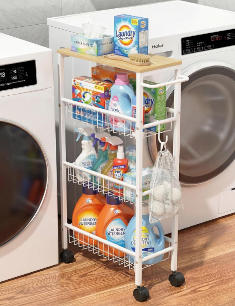 Rolling Utility Cart, 4Tier Slim Narrow Storage Cart with Wheels for Kitchen, Laundry Room Organization, Metal Bathroom Organizer with Wood Top, Natural Wood Color, 17.3" x 7.9" x 32.6"