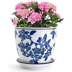 HakkaGirl 8 inch Ceramic Flower Pots, Chinoiserie Decor Ceramic Planter Plant Pots for Indoor Plants with Drainage and Saucer, Blue and White
