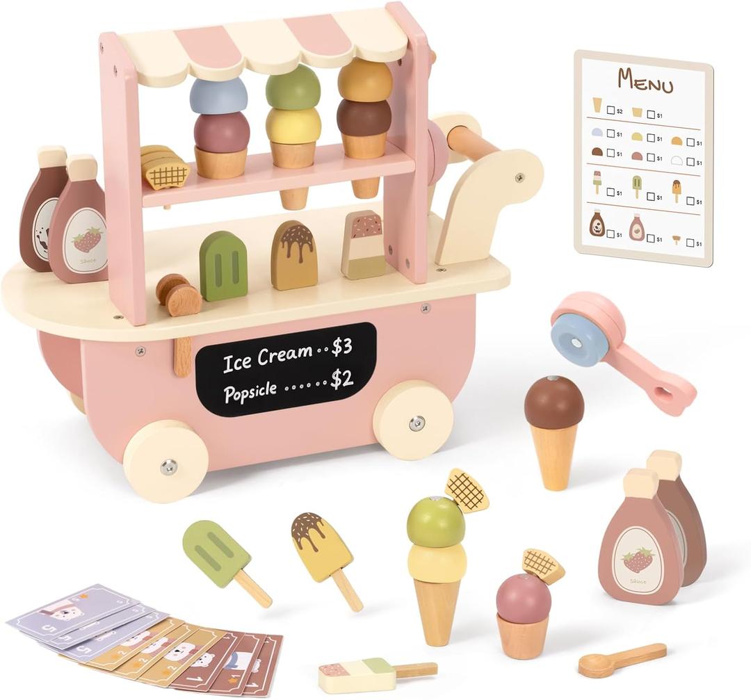 OOOK Wooden Ice Cream Cart for Kids, Ice Cream Truck Toy with Scooper & Wheels, Play Kitchen Accessories for Pretend Play with Menu & Pretend Money, Imaginative Preschool Toys for Girls & Boys 3+