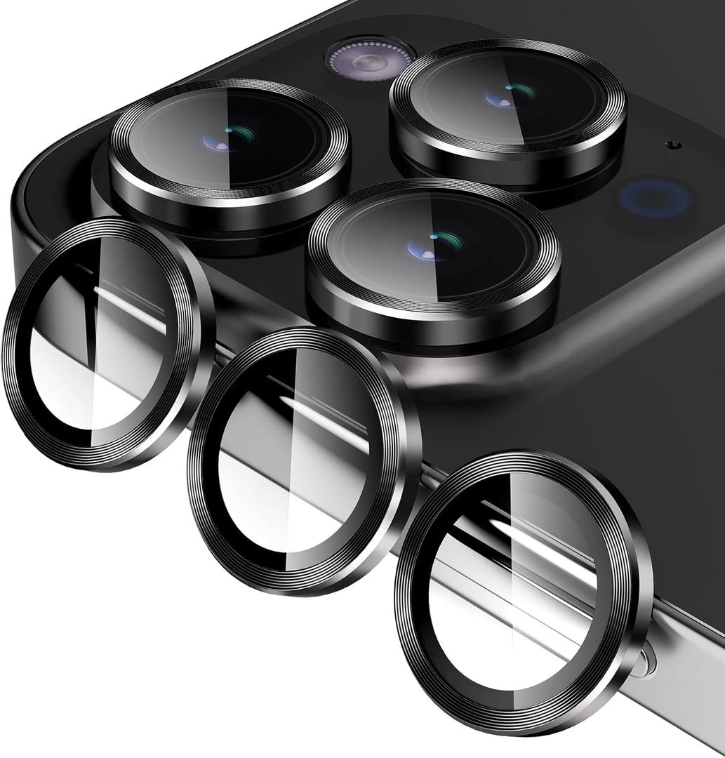 Jeluse Camera Lens Protector for iPhone 17 Pro Max/17 Pro/16 Pro Max/16 Pro/15 Pro Max/15 Pro/14 Pro Max/14 Pro, 9H Tempered Glass Screen Protector Cover Alignment Kit Metal Individual Ring (Black+3 Lens)