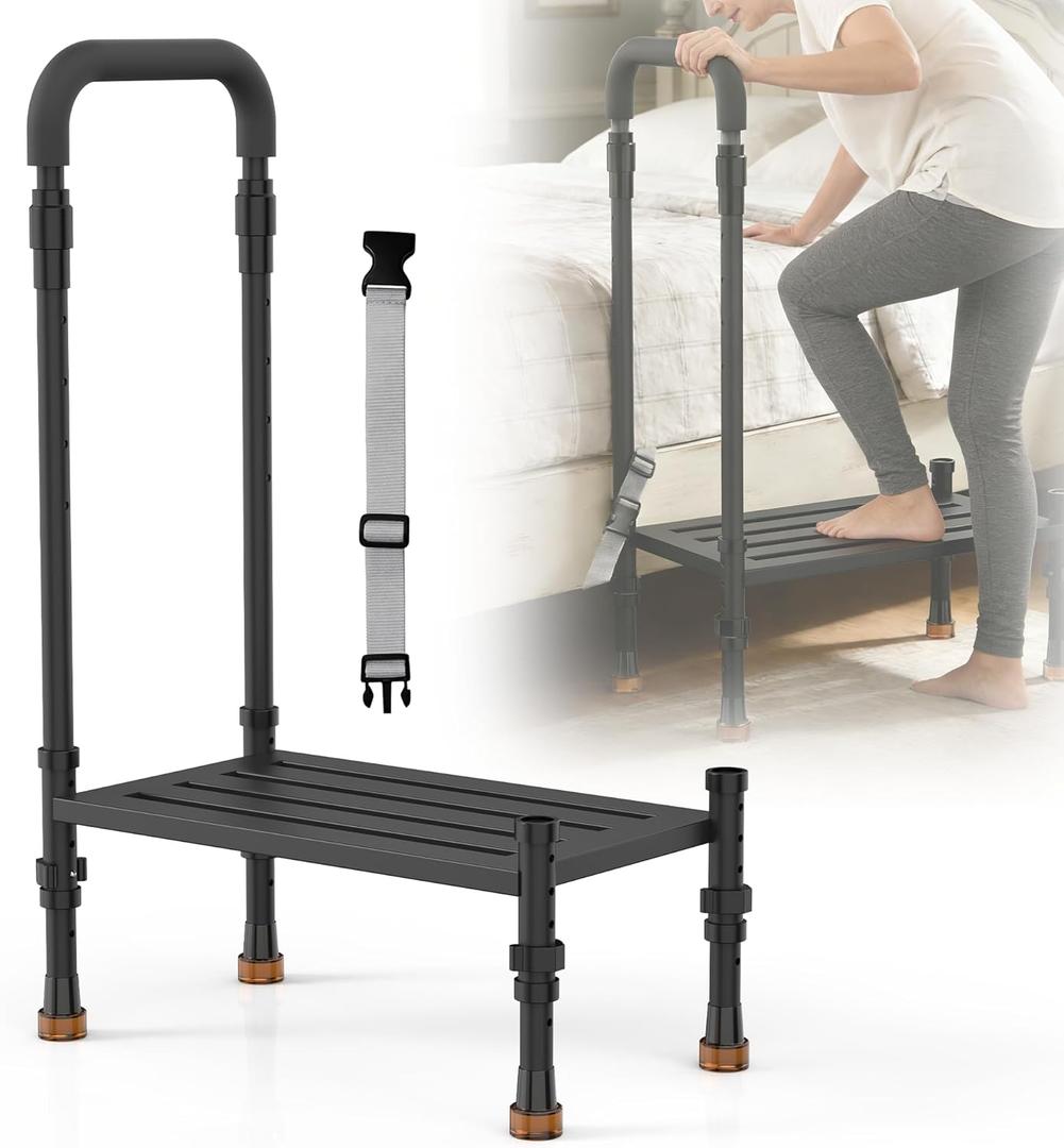 Wide Step Stool with Handle for Elderly Heavy Duty 800lbs Capacity, Bed Step with Handrail, Adjustable Platform Height (5.9-7.8 in) & Handrail (32-40 in) for Bed, Car SUV & Bathroom Safety Black