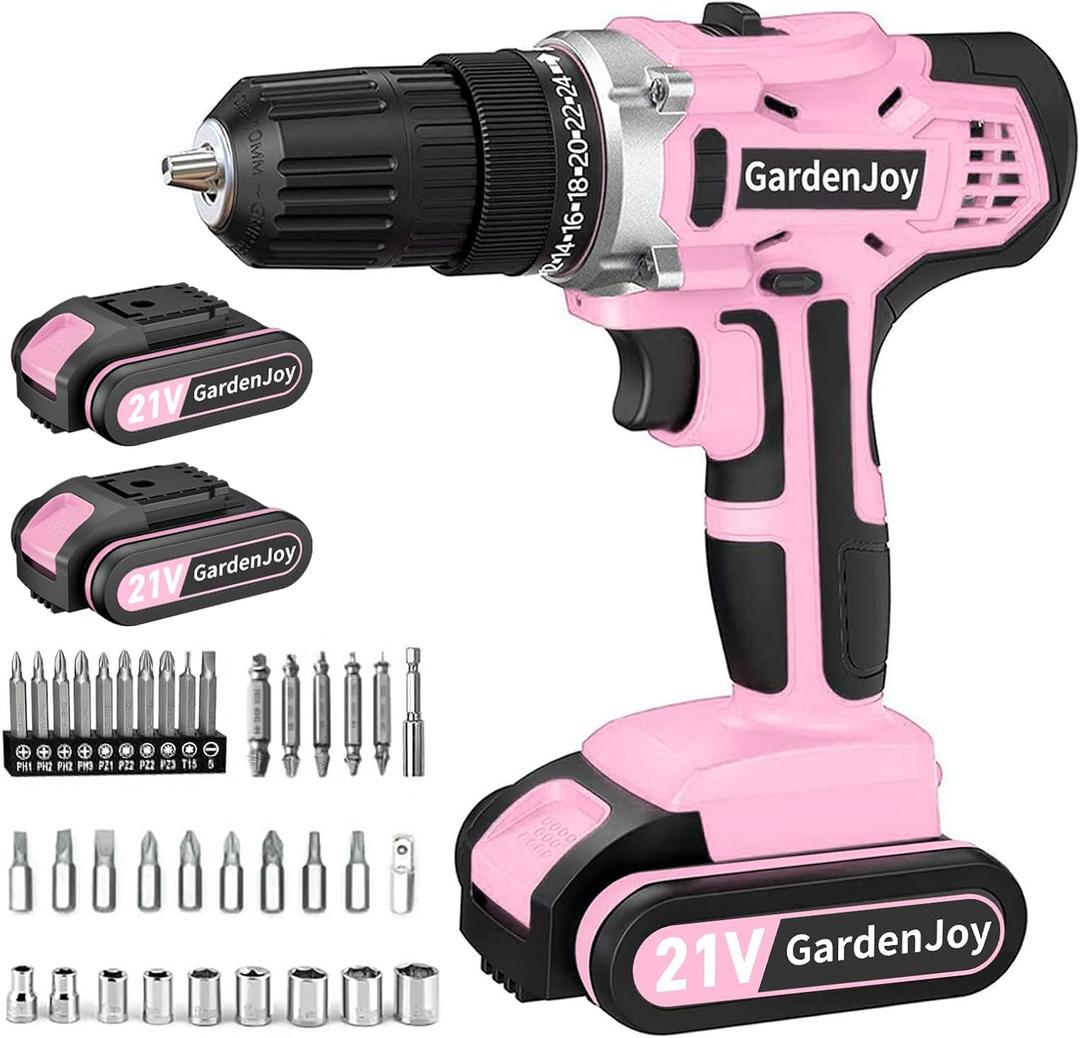 GardenJoy 20v Cordless Drill Set, Power Electric Kit 2 Batteries With Charger 30Nm 2-Speed 3/8" Keyless Chuck 24+1 Torque Drill Driver screwdriver Bits with LED Electric Work Light for Women DIY