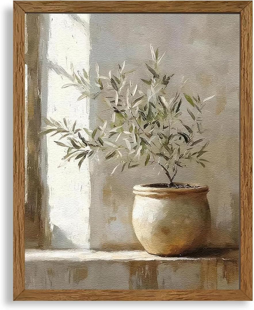 AVECCO Framed Vintage Olive Botanical Tree Canvas Wall Art, Rustic Farmhouse Wall Decor, Unique Plant Art Prints for Bathroom Bedroom Living Room Office Home Kitchen Decoration Ready to Hang 8x10 Inch