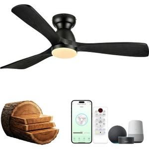 52in Smart Flush Mount Ceiling Fans with Lights,Outdoor Low Profile Wood Ceiling Fan Quiet DC Motor,Work with Alexa/Gg Voice Control/App/Remote,Dimmable,6-speed, Easy Install for Patio,Porch,Black