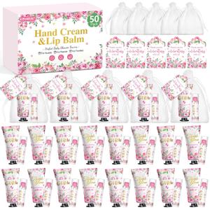 50 Pack Bulk Hand Cream and Lip Balm Gifts Sets, Baby Shower Favors and Bridal Shower Favors for Guests with Thank You Card and Organza Gift Bags, Appreciation Gifts, Wedding Party Favors (Baby Girls)