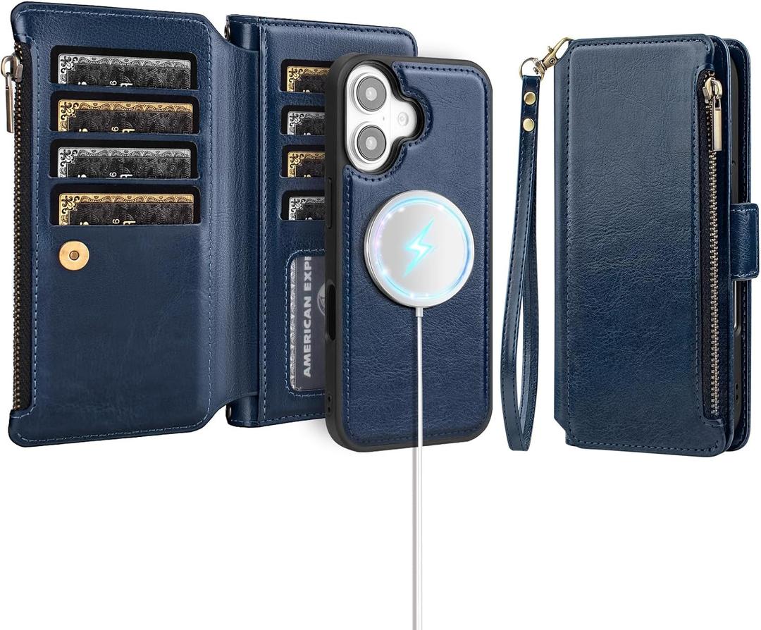 Antsturdy Compatible with Magsafe Magnetic 2 in 1 Detachable iPhone 17 Wallet Case with Credit Card Holder Slots,PU Leather RFID Blocking Phone Cover Wrist Strap Zipper Women Men,Dark Blue