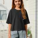ZDC Girls T Shirts Short Half Sleeve Crew Neck Drop Shoulder Loose Fit Summer Crop Tops 5-14 Years (Black)