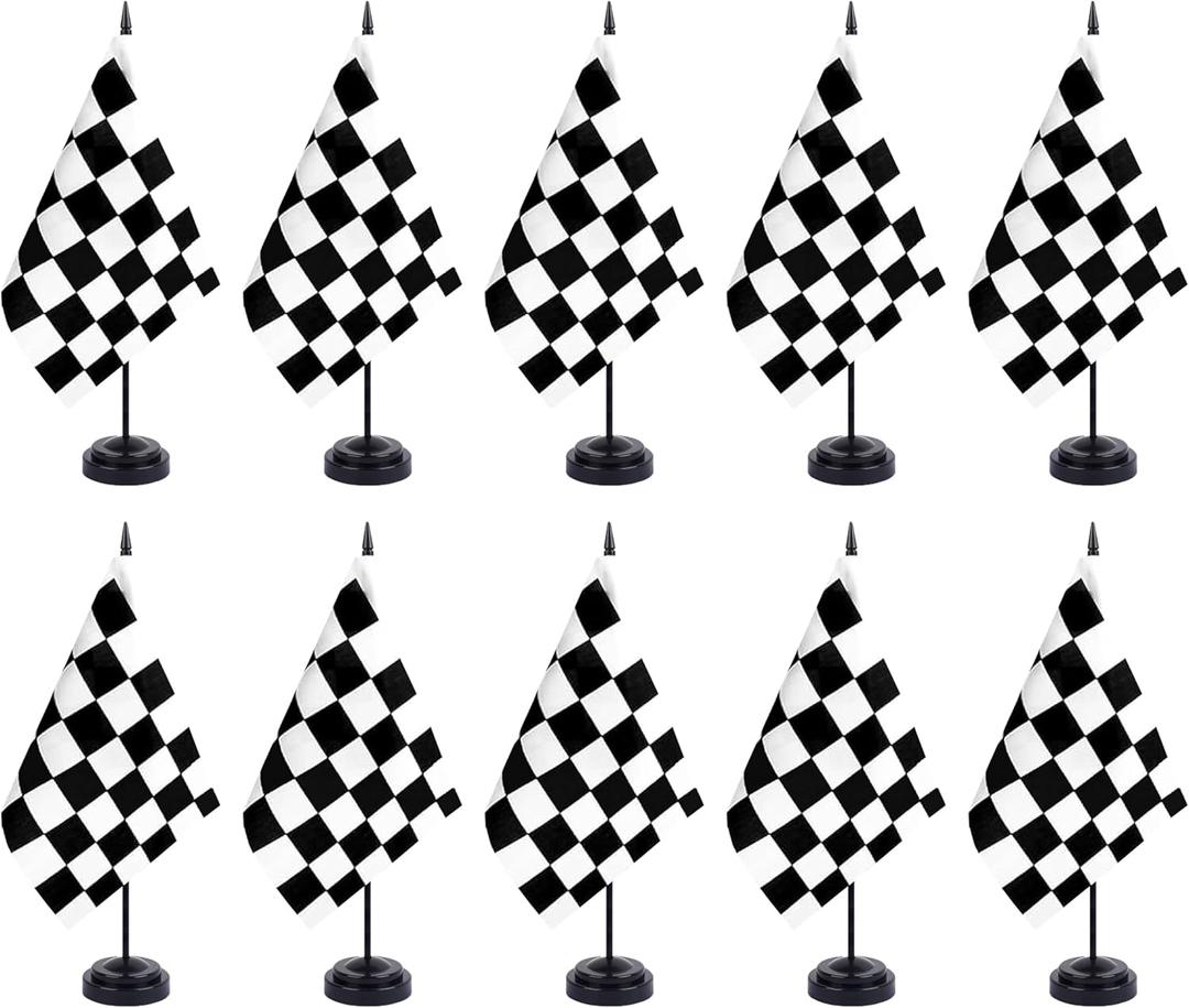 ZXvZYT Black and White Checkered Flag Banner Checkered Desk Flag Set Small Mini Racing Office Table Stick Flags with 12" Solid Pole Black Stand Base Decorations (12 Pack)