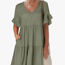 ANRABESS Dresses for Women Summer 2025 V Neck Ruffle Sleeve A Line Tiered Flowy Casual Trendy Mini Beach Dress with Pockets, Size XL
