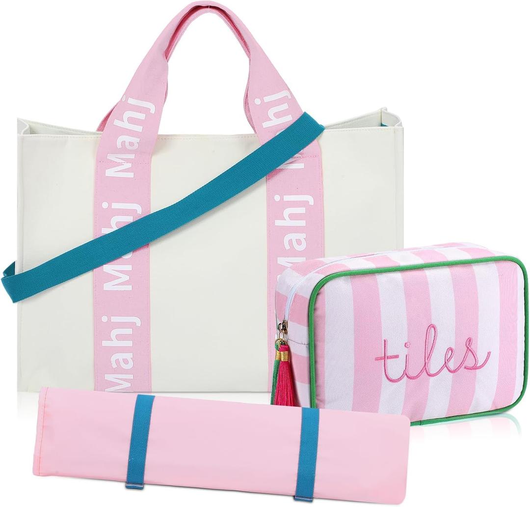 Sanwuta 3 Pcs Large Capacity American Mahjong Set Organizer and Carrier Bag with Removable Rack Holder, Portable Storage Case for Tiles, Racks, Pushers, Dice, Winds, Chips (Pink)