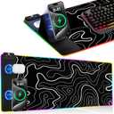XXL Mouse Pad with Phone Holder, RGB Desk Mat with 15W Fast Charging, LED Large Gaming Mouse Pad with 11 Lights Colors, Long Mouse Pads for Desk, Waterproof Non-Slip Gaming Pad for Gamer Esports Pros (31.5x15.75"Phone Stand-Topographic)