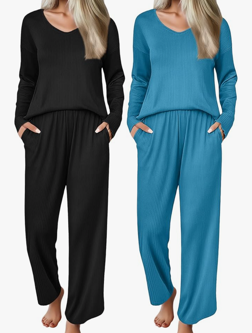 Ekouaer 2 Pack：Womens Ribbed Knit Pajama Set with Pockets Long Sleeve PJs V Neck Soft Loungewear Loose Matching Outfits Set Black and Lake Blue S