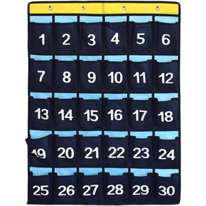 Numbered Pocket Chart Over Door Hanging Classroom Organizer for Cell Phones Calculators Holders Blue (30 POCKETS)