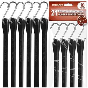 Digank 10 Pack 21" Heavy Duty Bungee Cords with Hooks Metal S Hooks, EPDM Outdoor Tarp Straps for Securing Cargo, Tarps, Canvases in All Weather- Max Stretch 1.5X, Load 180 lbs