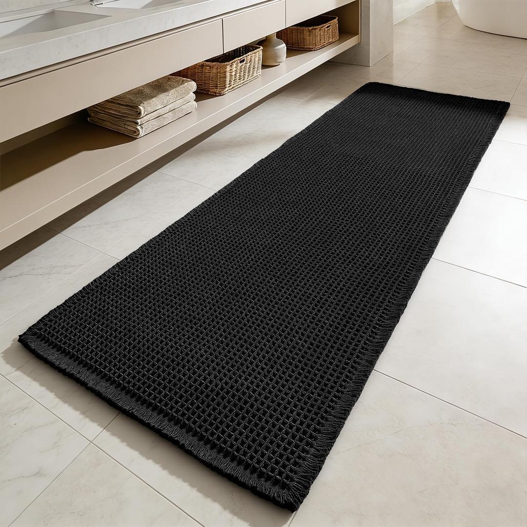 MIULEE Waffle Bathroom Runner Rugs, Super Absorbent Non Slip Bath Rug, Upgraded Soft Quick Dry Washable Boho Large Bath Mat with Tassels for Hallway Laundry Room Bedroom, 2'x5' (24"x60"), Black